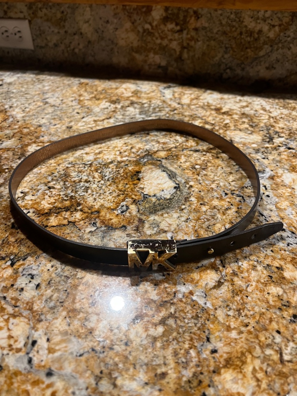 Michael Kors Black Belt with Gold MK Logo Buckle